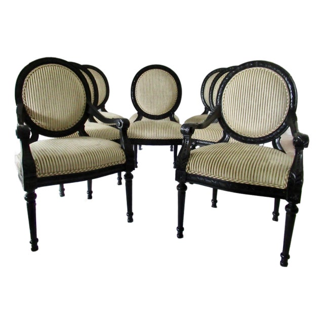 C.1990's Neoclassical-Style Satin Ebony Finished Dining Chairs With Chenille Textile - Set of 8 For Sale
