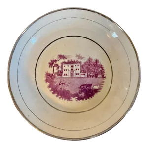 Antique Early 19th Century English Regency Cake Dish With Country House Park Scene in Pink and Silver Luster