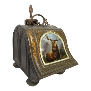 Antique Coal Scuttle Box W/ Reverse Painted Glass of a Buck / Deer ~ Fireplace Functional Art Decor For Sale