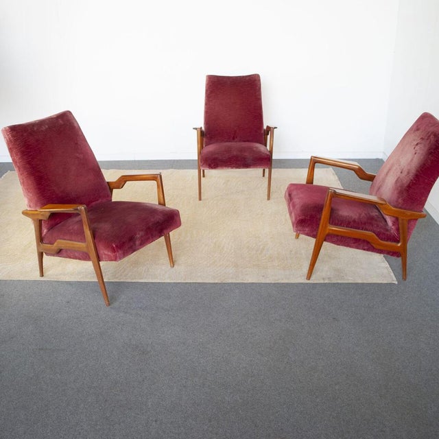 Armchairs in Curved Wood with Burgundy Velvet Upholstery by Osvaldo Borsani, 1960s, Set of 3 For Sale - Image 6 of 9
