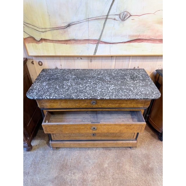 Brown Antique French Louis Philippe Burl Walnut Four-Drawer Commode With Marble Top For Sale - Image 8 of 12