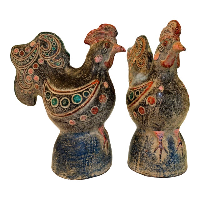 Vintage Thai Terracotta Rooster Bird Sculptures Hand Painted Folk Art – A Pair For Sale
