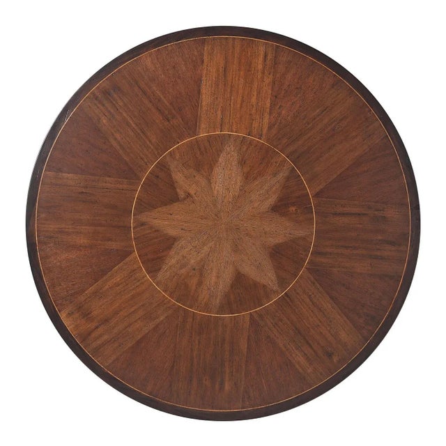 Italian Provincial round dining table with a reeded edge top, mahogany, oak and acacia sunburst parquetry top on a...