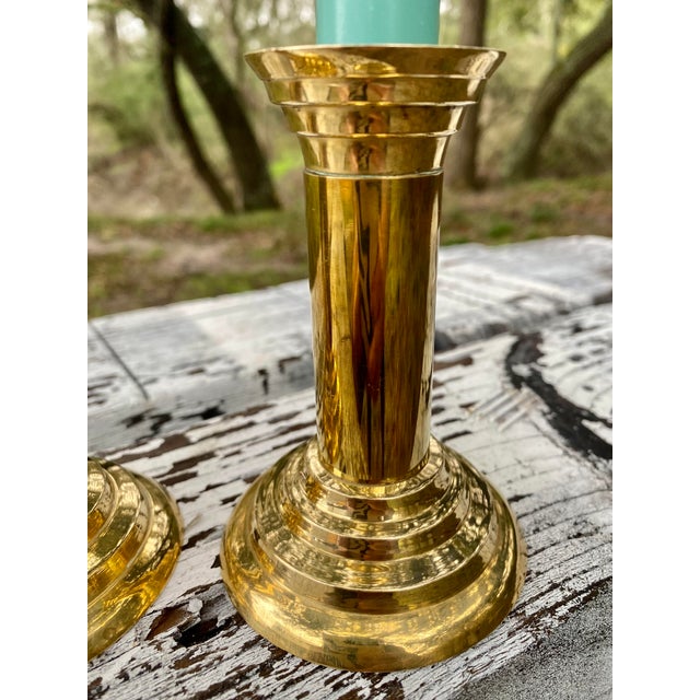 Brass Post Modern Neoclassical Cylindrical Candle Holders, a Pair (After Michael Graves) For Sale - Image 9 of 10