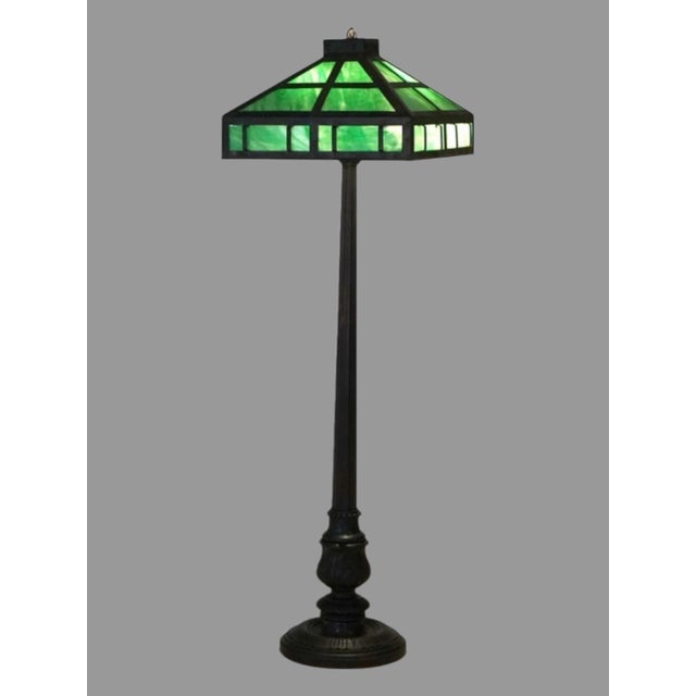 Antique Mission Prairie Style Arts & Crafts Ebonized Wood, Green Slag Glass & Metal Two Socket Floor Lamp c1910. Measures...