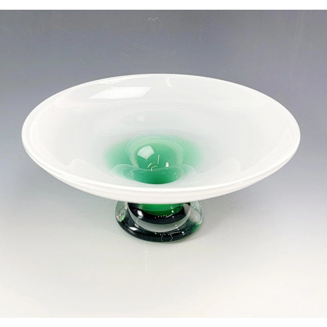 Contemporary Modern White & Emerald Green Art Glass Pedestal Bowl 12" For Sale - Image 3 of 12