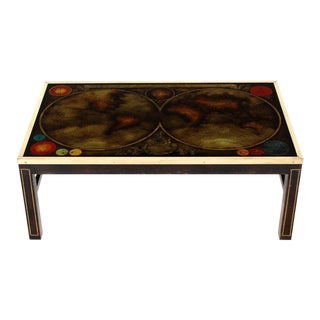 Brass Inlayed & Framed Rectangular Reverse Painted Atlas Map Top Coffee Table For Sale