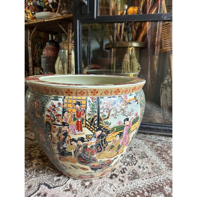 Vintage Large Chinoiserie Chinese Famille Rose Fish Bowl Planter With Courtyard Scene & Goldfish Interior, C. 1950s For Sale - Image 4 of 10
