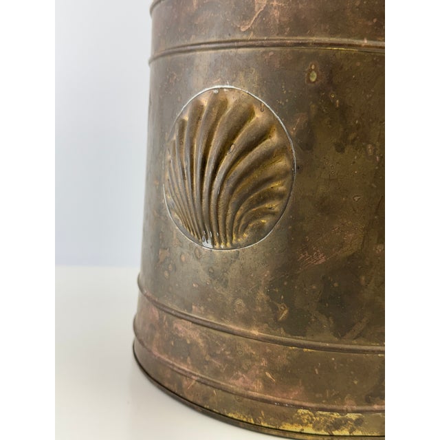Brass Vintage Patinated Brass Planter With Shell Medallion & Ring Handles For Sale - Image 8 of 10