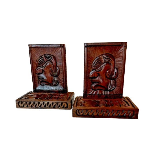 Vintage Hand Carved Wooden Mayan Aztec Style Bookends - a Pair | Chairish