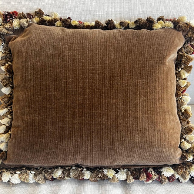 Blue Beautiful antique beadwork pillow with floral design // stunning 21” x 18” decorative pillow // tassel and trim // velvet // hidden zipper For Sale - Image 8 of 10