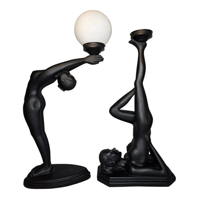 Set of 2 Vintage Art Deco Black Lamps Nude Woman Holding a Globe Figural For Sale