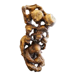 Mid 20th Century Vintage Root Carving of Monkeys and Peaches