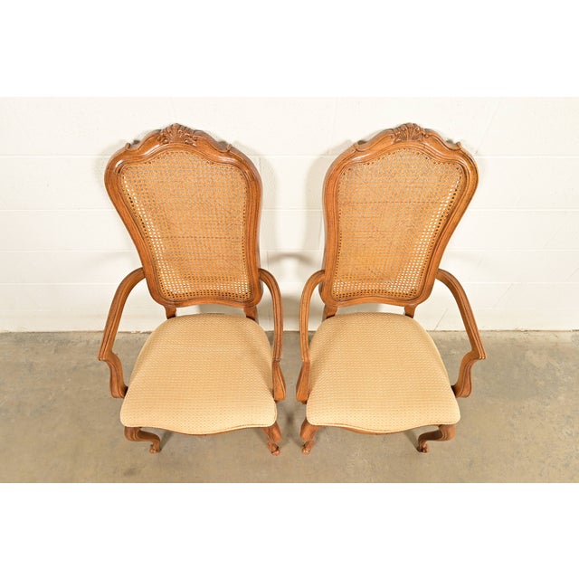 1960s Thomasville French Provincial Louis XV Carved Walnut and Cane Back Armchairs, Pair For Sale - Image 5 of 14