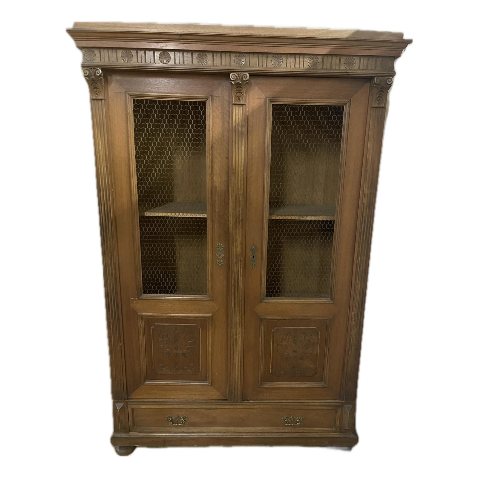 Antique Carved Lighted French Oak Cabinet With Wire Mesh Doors