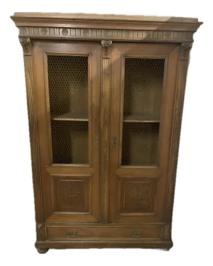 Antique Carved Lighted French Oak Cabinet With Wire Mesh Doors