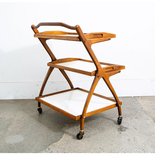 Wood 1960s Mid Century Danish Modern Serving Cart Italian Bar Tray Trolley Rolling White For Sale - Image 7 of 12