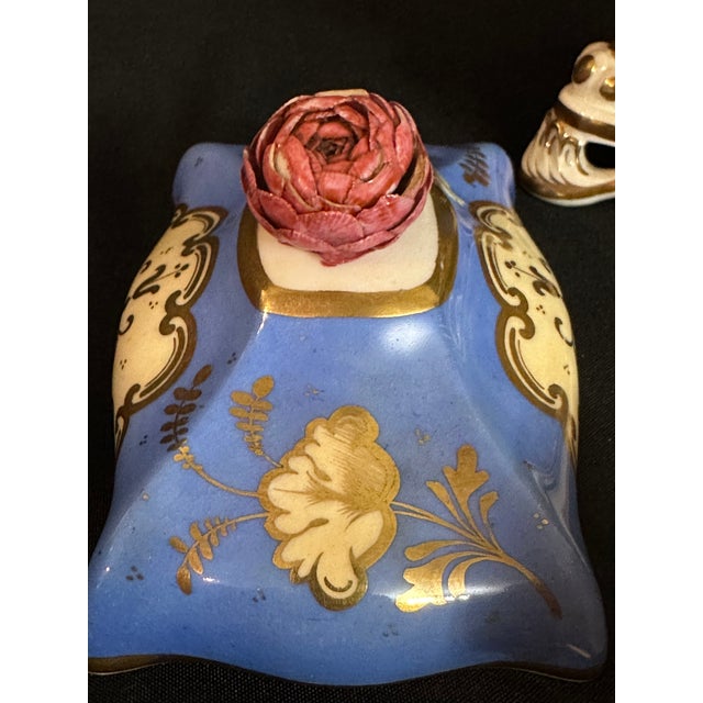 19th Century French Porcelain Double Inkstand in Rococo Revival Style, Blue & Gilt For Sale - Image 4 of 13