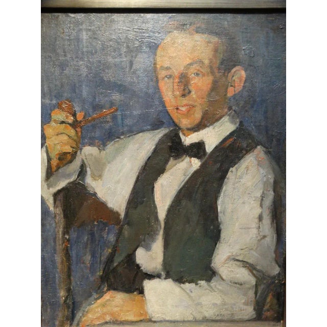 1920s Vintage Ejnar Hansen "Young Man With a Pipe" Painting For Sale - Image 4 of 5