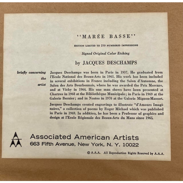 1970’s Original Jacques Deschamps Colored Etching “Maree Basse” Signed & Numbered Seascape For Sale In Philadelphia - Image 6 of 7