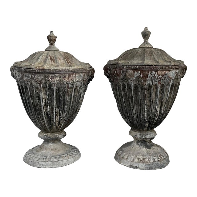 Antique 19th Century English Regency Period Neoclassical Lead Garden Urns & Lids - a Pair For Sale