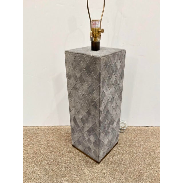 Stylish Currey & Co Lamp. Gray Leather Suede Basket Weave design, rectangular shape. Showroom floor sample.