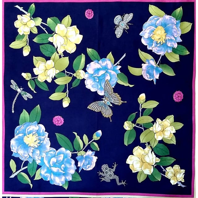 Industrial Style Adrienne Landau Navy Floral Insect Silk Scarf For Sale - Image 5 of 8