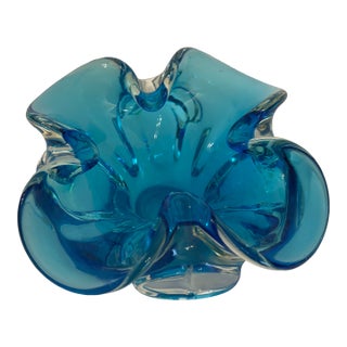 Blue Vintage Murano Ruffled Hand Blown Glass Candy Dish Sculpture For Sale