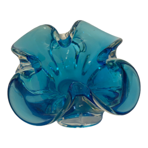 Blue Vintage Murano Ruffled Hand Blown Glass Candy Dish Sculpture