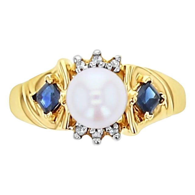 Freshwater Pearl, Sapphire & Diamond Cluster Ring 10k Yellow Gold, Size 7 For Sale
