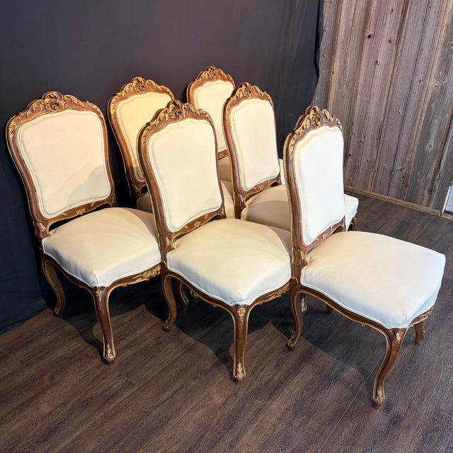 French Louis XV Walnut Dining Chairs With Gilt & New Upholstery- Set of 6 For Sale - Image 4 of 11