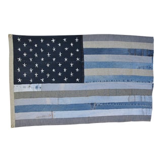 Custom Ralph Lauren Style Denim Patchwork American Flag Art Throw 58" X 37" For Sale