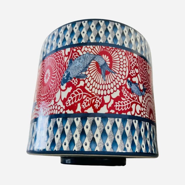 Navy Blue Vintage Modern Asian Chinoiserie Large Ginger Jars, Koi Fish Pattern, Designed by Jean Dange Paris, a Pair For Sale - Image 8 of 12