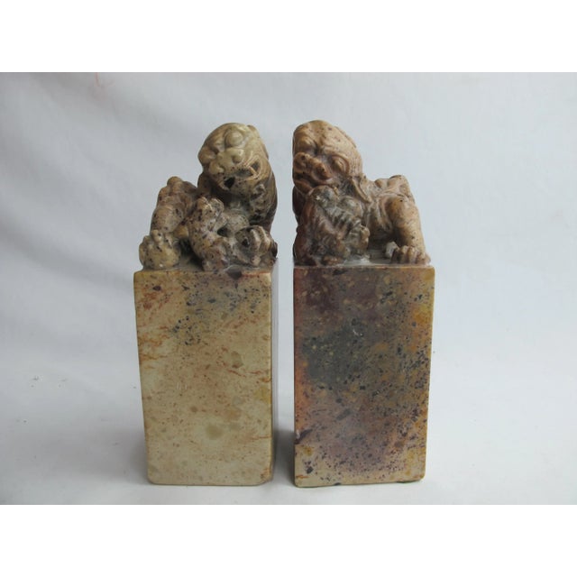 Brown Chinese Brown Soapstone Foo Dog Carving Chop Seal Figurine Bookend Pair For Sale - Image 8 of 8
