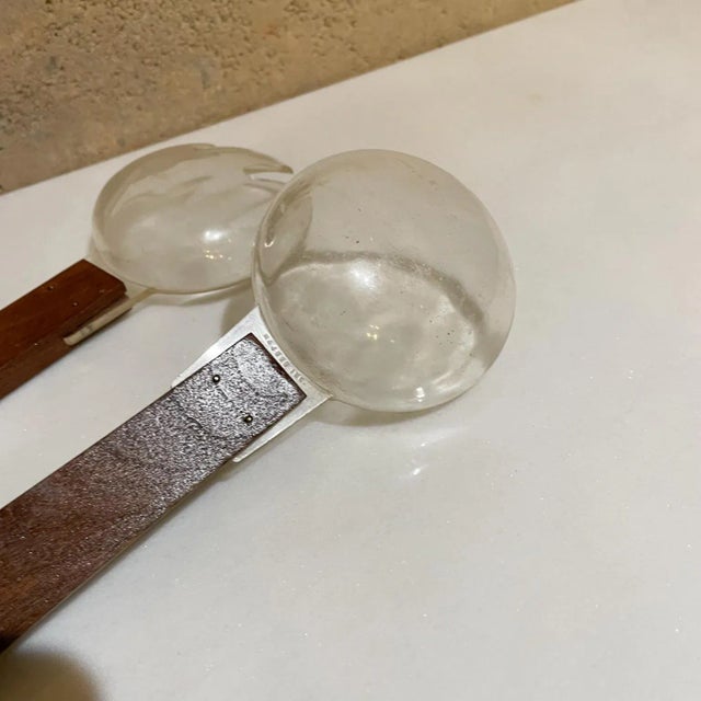 AMBIANIC presents Mid Century Danish Modern Salad Servers in Flat Walnut Wood and Clear Lucite Plastic Fork and Spoon...