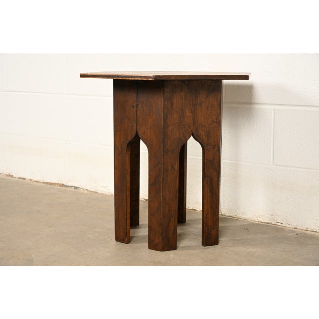 Charles Limbert Stickley Brothers Style Antique Mission Arts & Crafts Pyrography Tabouret Side Table, Circa 1910 For Sale - Image 4 of 10