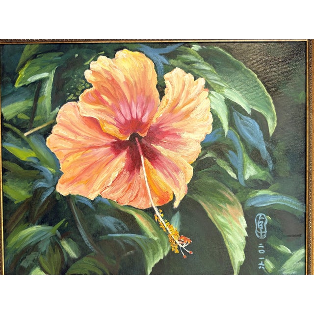 Boho Chic Original Signed and Framed Painting on Canvas 'Pretty Hibiscus' For Sale - Image 3 of 14