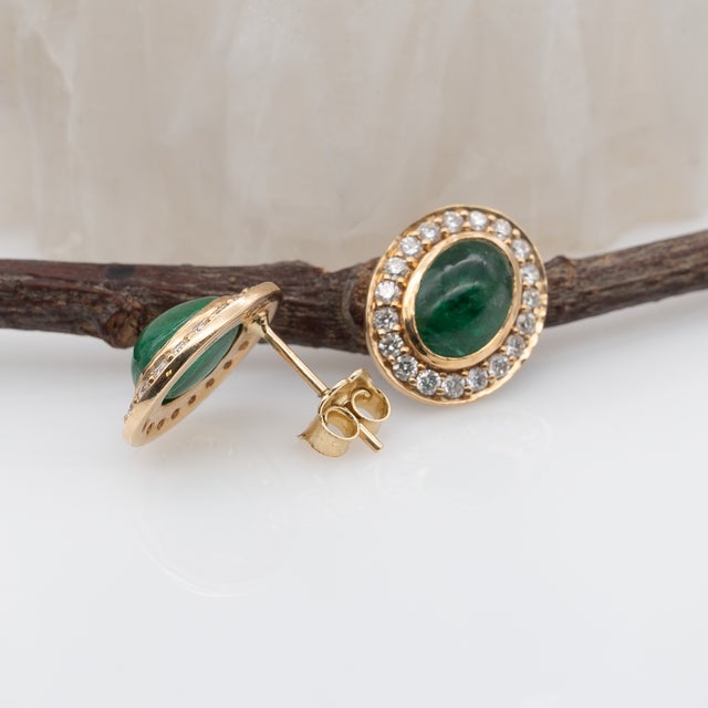 Metal Emerald Stud Earrings W Earth Mined Diamonds in Solid 14k Yellow Gold Oval - 2 Pieces For Sale - Image 7 of 8