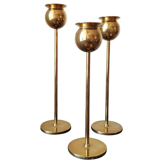 Gold Scandinavian Modern Tulip Candlesticks in Brass by Pierre Forssell for Skultuna, 1982, Set of 3 For Sale - Image 8 of 8