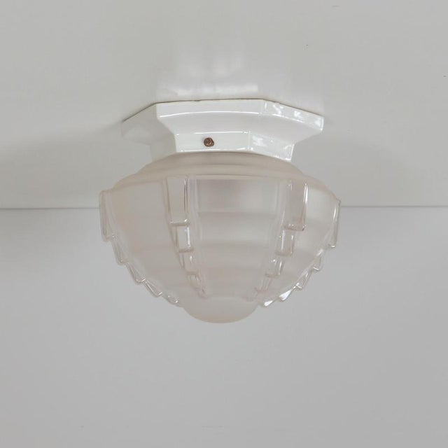 Art Deco Ceiling Lamp in Porcelain and Sandblasted Glass, 1930s For Sale - Image 4 of 9