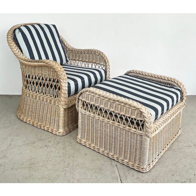 Coastal Henry Link Rattan Lounge Chairs, Ottomans, New Sunbrella Upholstery, 2 Pairs For Sale - Image 3 of 18