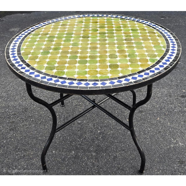 Metal 40" Handcrafted Olive Green, Blue, Black and White Moroccan Mosaic Table For Sale - Image 7 of 7