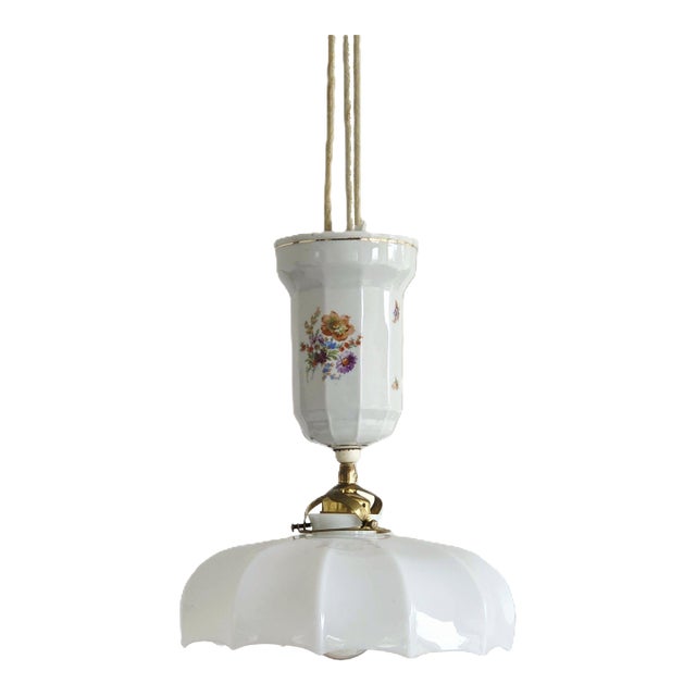 Vintage German Porcelain Pulley Pendant Lamp: Antique Floral Hand-Painted Drawbar Light For Sale