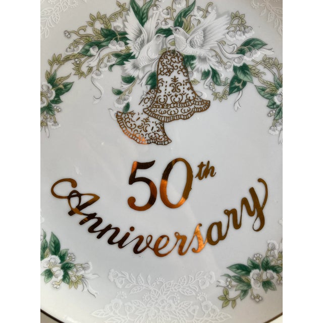 Shabby Chic Vintage Lefton China " Hand Painted " 50th Anniversary Pedestal Cake Stand For Sale - Image 3 of 7