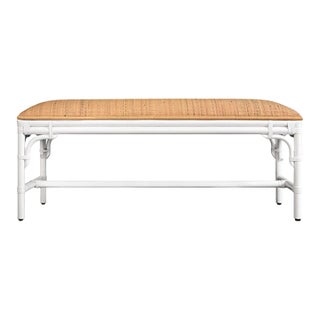 Matthew Izzo Home Asha Natural Rattan Cushion Top Painted White Bench For Sale