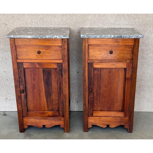 Brown 20th Century Pair of Biedermeier Nightstands with Marble Top, One-Drawer & Door For Sale - Image 8 of 18