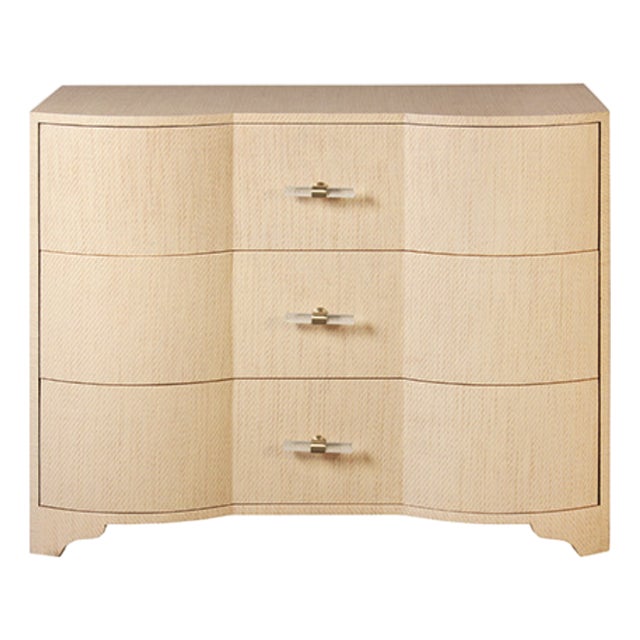 Matthew Izzo Home Plymouth Natural Grasscloth Three Drawer Chest With Acrylic and Brass Handles For Sale
