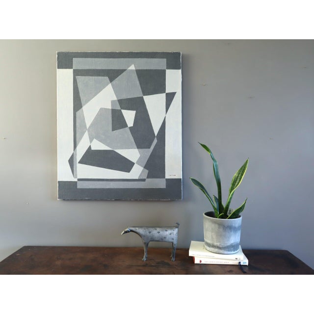 Mid-Century Modern Mid-Century Modern 'Geometry in Grey' Vintage Original Abstract Oil Painting, Framed For Sale - Image 3 of 11