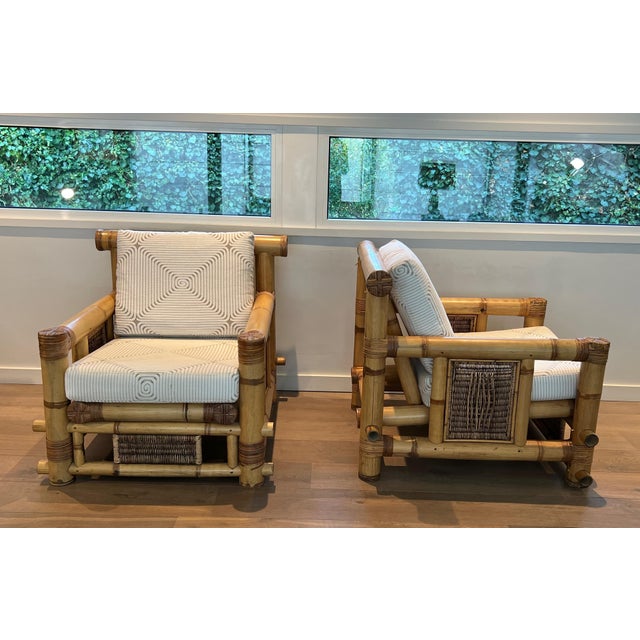 Pierre Frey 1970s Pair of large bamboo armchairs with Pierre Frey cushions For Sale - Image 4 of 12