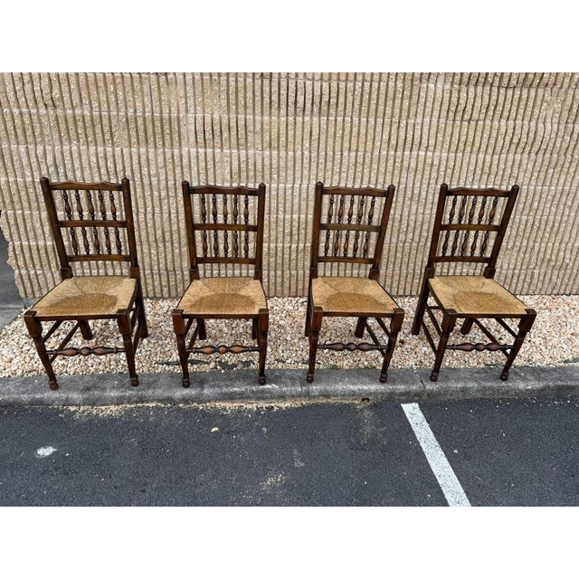 Early 20th Century 6 Antique Matching George III Lancashire Style Oak Rush Seat Side Chairs For Sale - Image 4 of 10